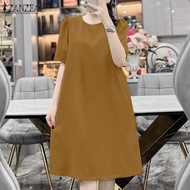 Zanzea thời trang nữ váy tay áo xù ngắn cổ tròn váy Dài đến đầu gối màu trơn #0303