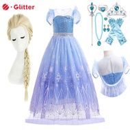 Frozen Elsa Dress for Kids Girl Blue Sequin Mesh Princess Dress Cloak Wig Crown Bag Halloween Cosplay Girl Birthday Party Role Play Set