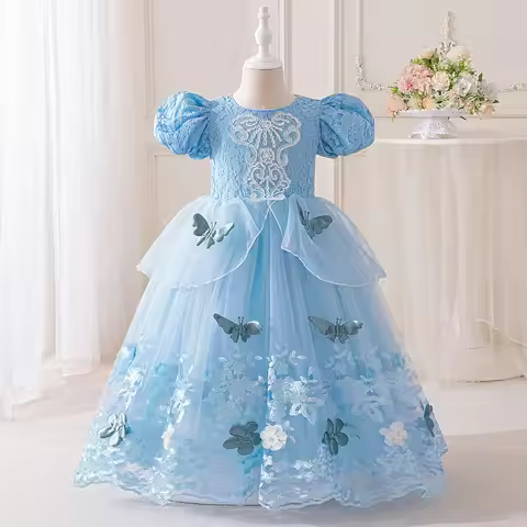Little Girls Bubble Sleeve Princess Dress Fairy Tale World Princess Dress Butterfly Flower Embroider