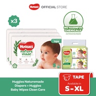 Huggies Naturemade Diapers M64/ L54/ XL44 (3 packs) + Huggies Baby Wipes Clean Care (2 Packs)