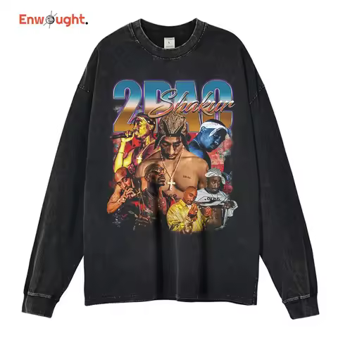 2PAC Tupac Long Sleeve T-shirt Vintage Washed Hip Hop Rapper God Sweatshirts Pullover Oversized Hara