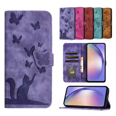 Cute Cat Butterfly Phone Flip Cover Case on for Funda Samsung Galaxy A21S A51 A71 A32 A52S A12 A42 A