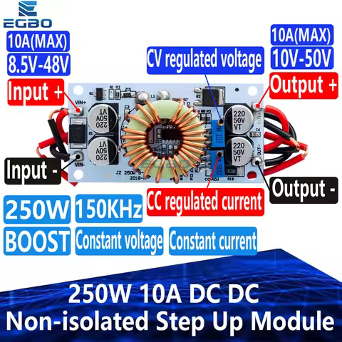 250W 10A DC-DC Boost Converter Module | Non-isolated Step-Up with Adjustable CC/CV for LED Drivers