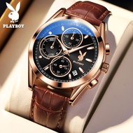 Playboy นาฬิกาควอทซ์แท้สำหรับผู้ชายสายหนังโครโนกราฟกันน้ำนาฬิกาบอกวันที่อัตโนมัติกีฬานาฬิกาข้อมือผู้ชาย reloj