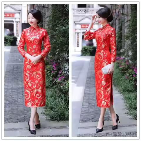 Women Cheongsam Slim Vintage 3/4 Sleeve Dress Dragon Qipao Tang Suit Long Dresses Women's Red Long S