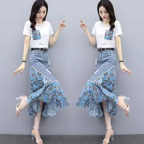 Women 2-Piece Sets New Female Summer Two-Piece Lady Fashion T-Shirt+Cowboy Skirt High-end Two-piece 