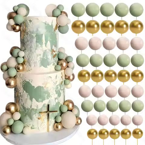 60 Pcs Balls Cake Toppers 2-4cm Metal Gold Beige Sage Green Cake Balls Cake Decorations for Birthday