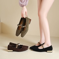 Merad Retro Suede Mary Jane Shoes - Olive Green with Gold Coin Strap, Low Thick Heel
