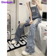 Genuine Korean Jumpsuit Wide Pants Jumpsuit Women Overalls Women Korean Overalls Overalls Sweet Cool Age-Reducing Denim Overalls Women Summer Blue High Waist Straight Frayed Long Pants Loose Slimm