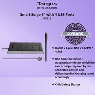 Targus Smart Surge 6 with 4 USB Ports | Outlet X 6 Plus Usb X 4 (24w / 4.8a)  | Surge Protection 100