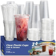 110 Pack 24 oz Plastic Cups with Lids and Straws,Sturdy Disposable Iced Coffee Cups with Lids,Clear 