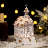 Christmas decorations, crystal church, house with snowfall, snowflake music box