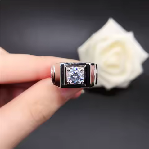 Test Positive White Gold 14K 2CT Moissanite Diamond Men's Engagement Ring Classic Wedding Jewelry D 