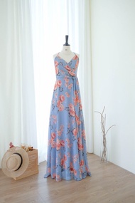 藍色碎花雪紡長禮服，適合參加宴會、海邊度假、伴娘服