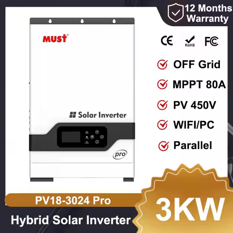 MUST PH1800 Pro 3KW 24V Pure Sine Wave Home Hybrid Solar Inverter PV 450V MPPT 80A Without Battery W