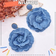 NIUYOU Blue Rose Earrings, Exaggerate Ornament Denim Blue Fabric Earrings,  Denims Handmade Flower E