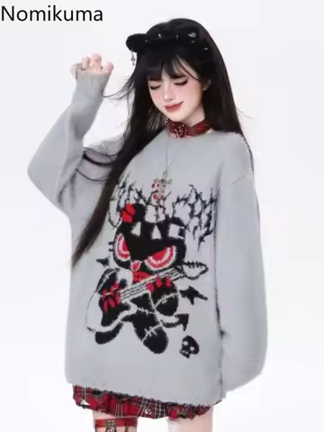 Women's Clothing Chic Jumper Knitwear Sweater Knitwear Korean Sueter Mujer Casual Print Cute Knitted