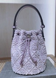 全新TORY BURCH T Monogram FIL COUPé 品牌徽標抽繩開合 粘膠纖維 水桶包單肩斜挎手提袋 迷你 mini紫丁香162018-500