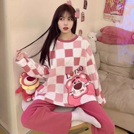 Bộ Đồ Ngủ Nữ Mùa Thu Đông Tay Dài Size Lớn Slim Fit Hoạt Hình Dễ Thương Gấu Dâu Nhà Quần Áo 🔥lzb045🔥