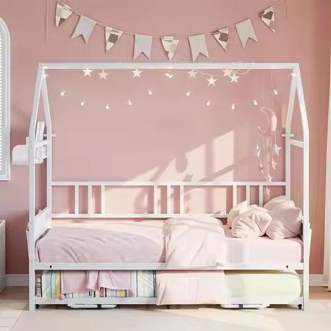 White Twin Bunk Bed with Storage and Trundle, Daybed Sofa for Living and Guest Rooms