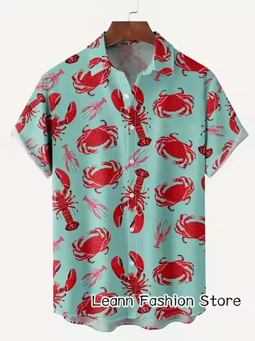 Men Summer Fashion Beach Shirt Crab Lobster Printing Shirt Leisure Shirt Casual Hawaiian Vacation Sh