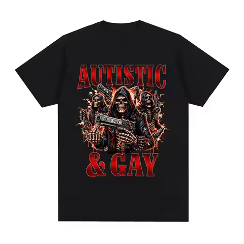 Autistic and Gay Skeleton Funny Skeleton Meme T-shirts Men Clothing Vintage Gothic Short Sleeves T-s