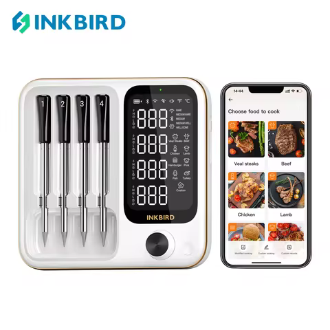 INKBIRD INT-14-BW 3-Mode WiFi/Bluetooth BBQ Thermometer, 4 Wireless Probes, IP67 Waterproof, ±1℃, 25