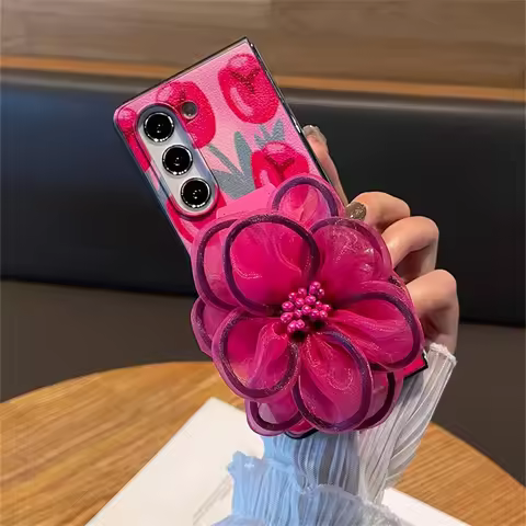 New Luxury Korean Full Screen Tulip Case with Flower Wrist Strap for Samsung Galaxy Z Fold7 Z Fold 6