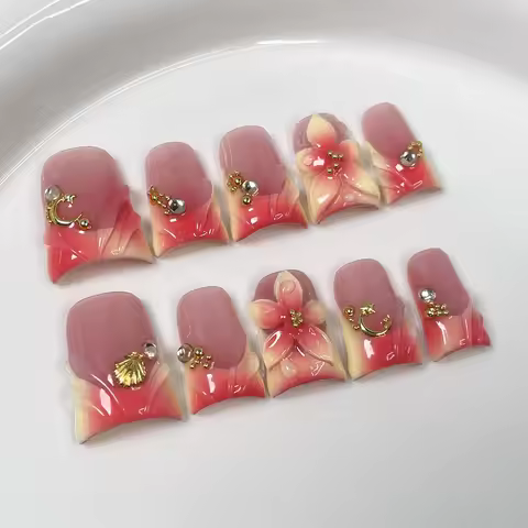 10pcs French Duck Bill Fake Nails 3D Heart Ruby Nail Art Metal Rhinestone Handmade Press on Nails Lu