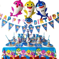 Ready Stock Baby shark Fish Cartoon Theme Happy Birthday Kids Balloon Party Gift Decoration Set Tableware Banner