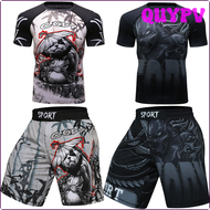 QUYPV MMA BJJ GI เสื้อยืด Rashguard + Muay กางเกงขาสั้นลายแบบไทยเสื้อแฟนซีผื่นเสื้อยืดชกมวย MMA การบีบอัดเสื้อยืดผู้ชาย Kicksets มวย APITV