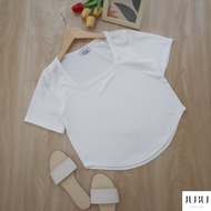 Anita Crop เสื้อครอปคอเหลี่ยม ชายเสื้อโค้ง ผ้าร่อง เสื้อยืดสาวอวบ อก35-46นิ้ว#570