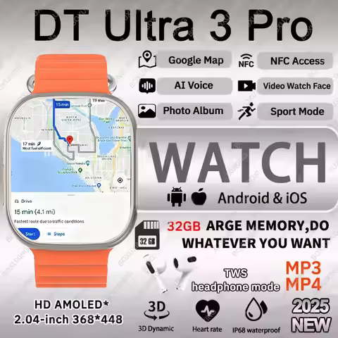 4GB Memor Original Watch DT Ultra 3 Pro SmartWatch Men Google map NFC GPS Tracker HD BT Call IP68 Wa
