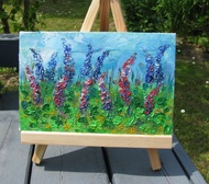 野生羽扇豆田小油畫帶木製畫架展示家居裝飾