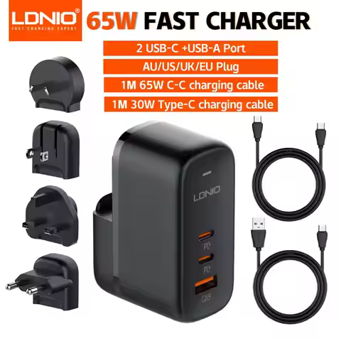 LDNIO 65W USB C Charger Travel Charger GaN Charger 3 Port International Plug Adapter EU UK US AU Tra