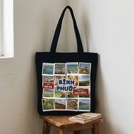 Black canvas tote bag printed with Binh Phuoc collage retro vintage style travel gift for school and