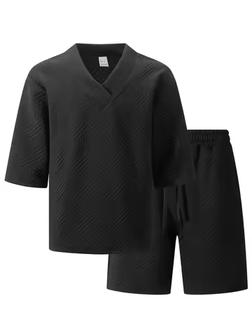 Men's Summer Jacquard V-Neck 3/4 Sleeve Top & Shorts Set Ideal for Casual Vacations Beach Loose Loun