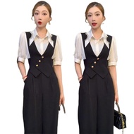 Fried Street Overalls Suit Women Korean Version Beaded Shirt+High Waist Overalls Trousers Two-Piece Suit Fashion Age-Reducing Jumpsuit Suit Summer Fashion Jumpsuit W