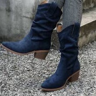 Fall/Winter Western Style Stacked Cowboy Boots For Women, Pointed Toe Long Shaft Vintage Riding Boot