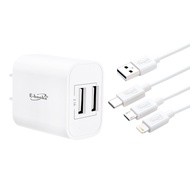 E-books B66 雙孔USB快速充電器 附100cm三合一充電線 3.9 x 3.6 x 2.4cm
