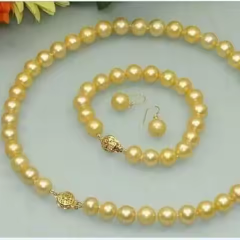AAA 17" 9-10mm Natural South Sea Yellow Pearl Necklace Earring +7.5-8'' Bracelet 14k GOLD Freeshippi
