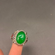 Antique Collection Old Jadeite Fu in Front of Eyes Jade Spinach Emerald Ring Face Silver Open Ring P