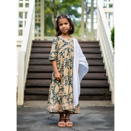 Kids Baju Raya for Eid, Racial Harmony, Deepavali Ethnic Wear 'Aishara' Anarkali Gown Dress in Cyan &amp; Beige Block Print