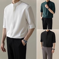 【Ready Stock】Korean Men's Plain Simpe Loose Short Sleeve Shirt Fashion Casual Stand Up Collar Hidden