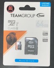 全新 Team 十銓 64GB microSDXC TF UHS-I U1 C10 記憶卡 附轉卡 