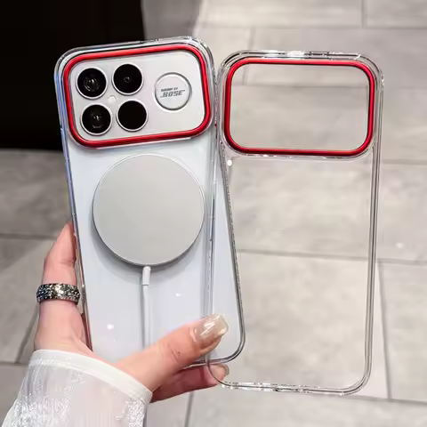 Ultra-Thin Clear Magnetic Case for Poco F8 Ultra f8 pro POCO F7 Ultra f7 pro Transparent with Red Ca