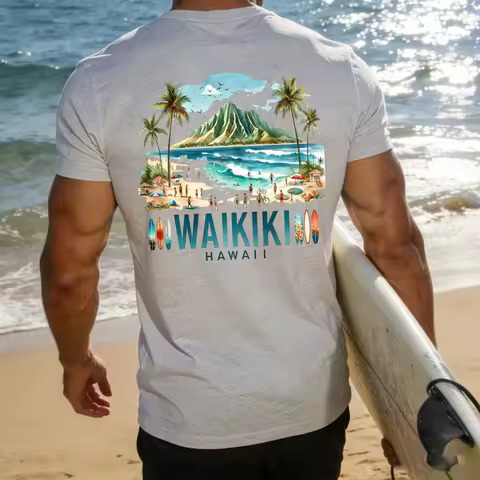 Waikiki Hawaii Diamond Head Tropical Beach Graphic Tee Vintage Surfboard Palm Tree Art Short Sleeve 