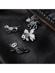 4入組兒童合金貓和魚骨頭形狀胸針,適用於背包、衣服裝飾