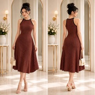 Jer Jen Fyang Stripe Print Halter Style Classy Fashionable Combi Ringer Skater Midi Dress