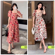 KM fashion Casual puff sleeve squareneck floral maxi dress